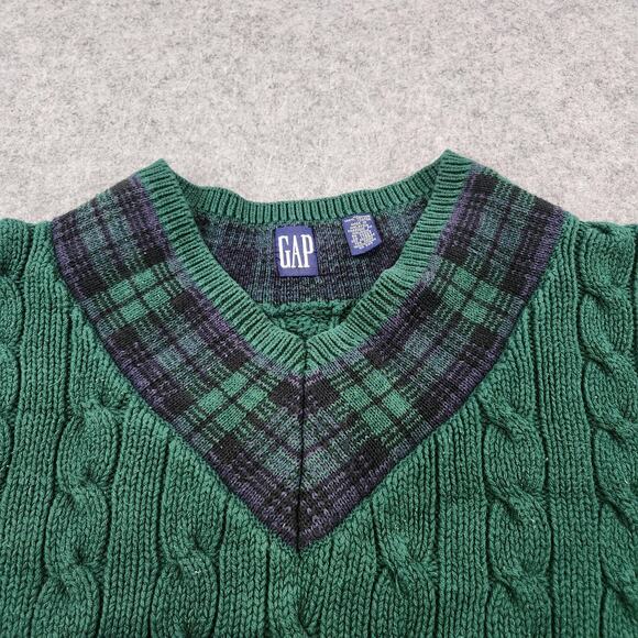VTG GAP Sweater Womens XL Green Cable Knit Plaid V Neck Cotton Pullover Preppy - Picture 6 of 12